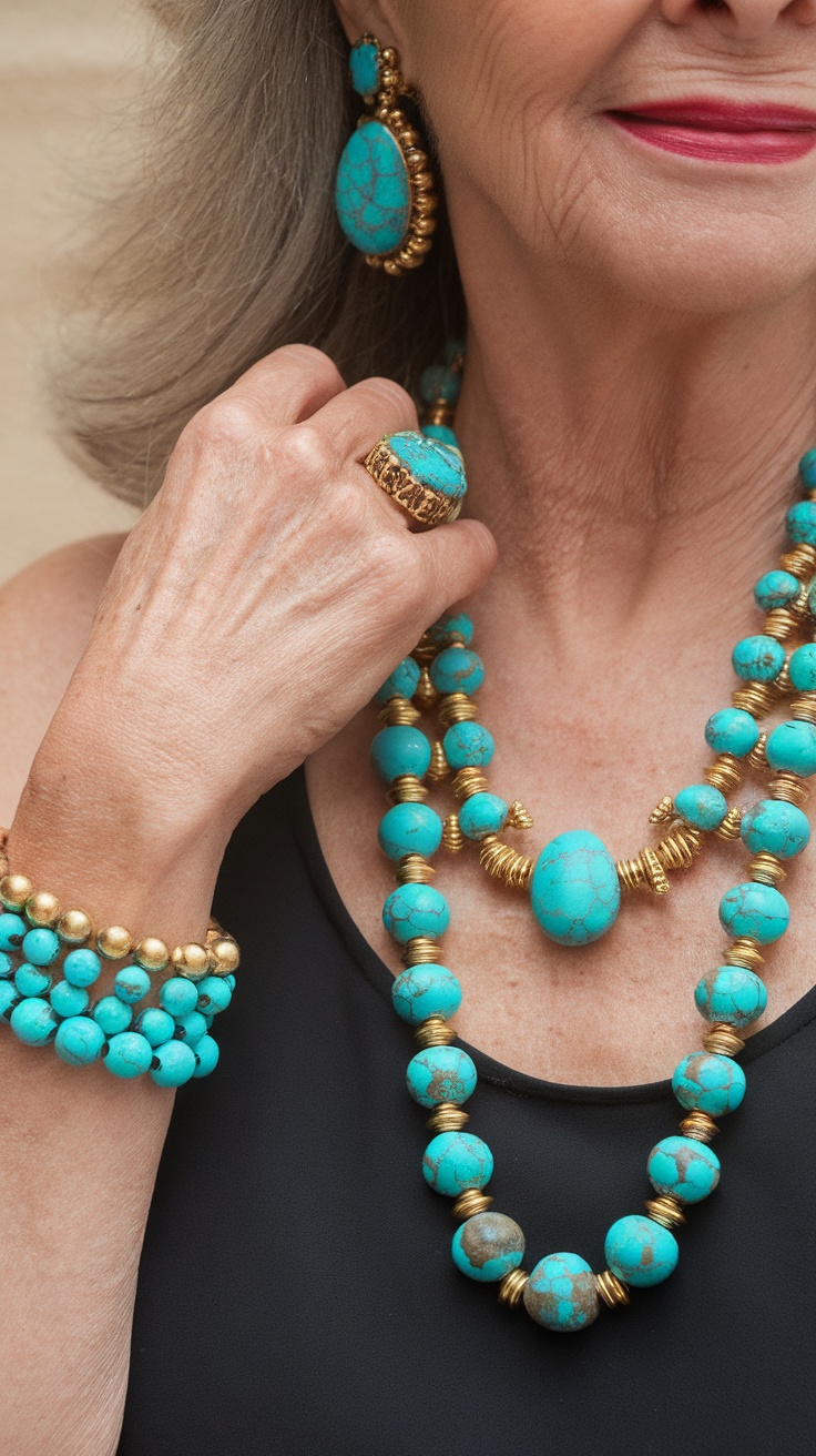 A close-up of a woman's hand wearing bold turquoise jewelry including a necklace, earrings, and a bracelet, showcasing vibrant colors and elegant design.