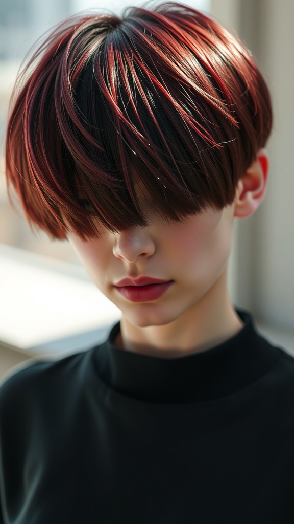 A person with short hair featuring bold burgundy highlights