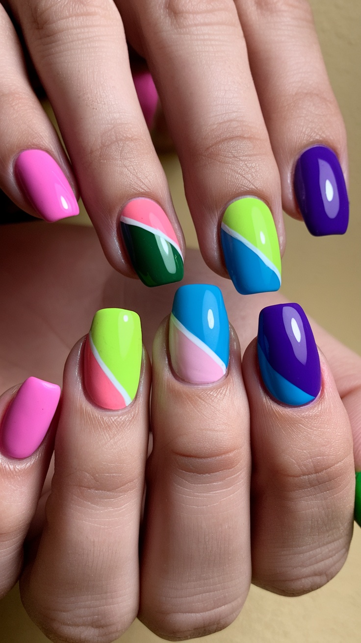 Nail art featuring bold color blocking with pink, green, blue, and purple shades in geometric designs.