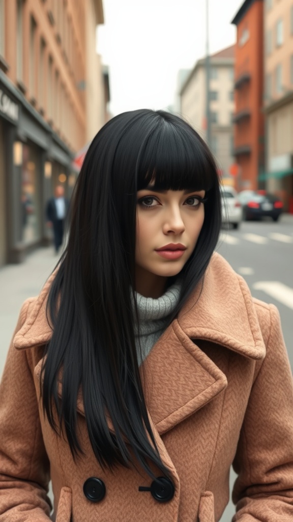 A woman with long jet black hair wearing a warm, beige coat stands on a city street.