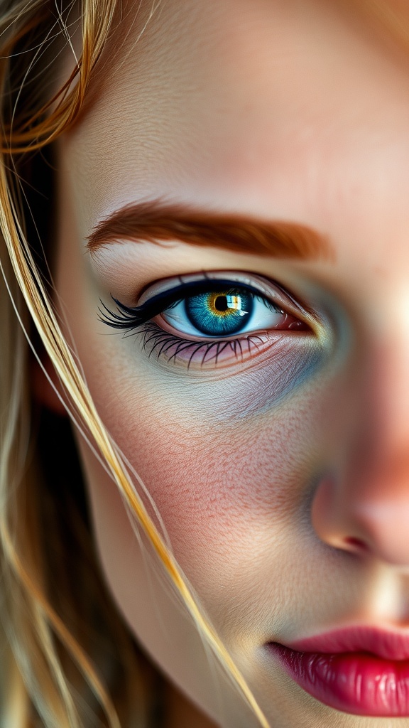 Close-up of a woman's eye featuring bold navy eyeliner and vibrant blue eyes.