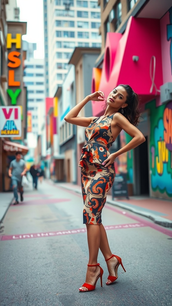 A woman striking a pose in a vibrant patterned dress in a lively urban setting.