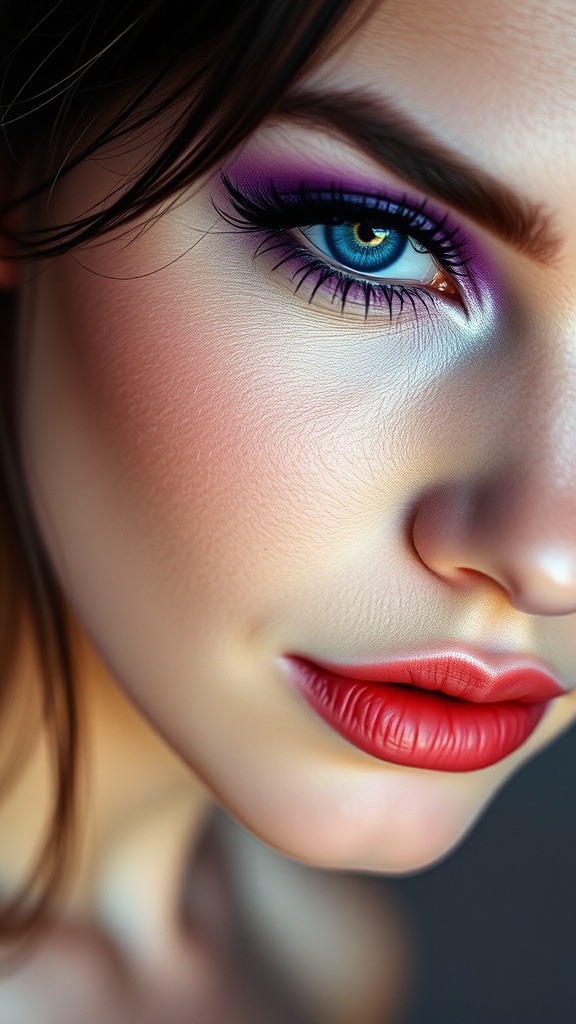 A close-up of a woman's eye with bold purple cat eye makeup and vibrant red lips, highlighting her blue eyes.