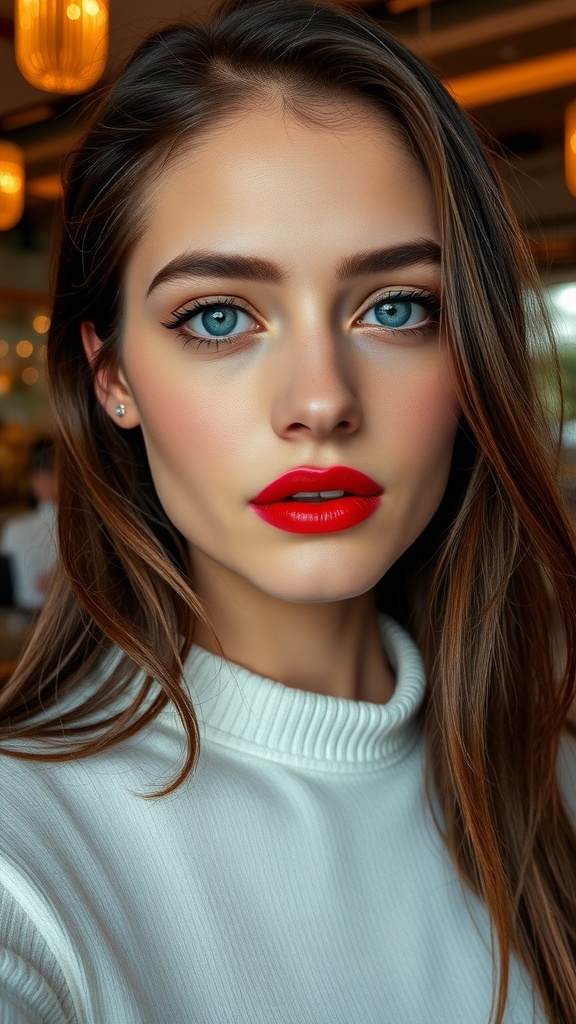 A close-up of a woman with blue eyes and bold red lips, showcasing subtle eye makeup.