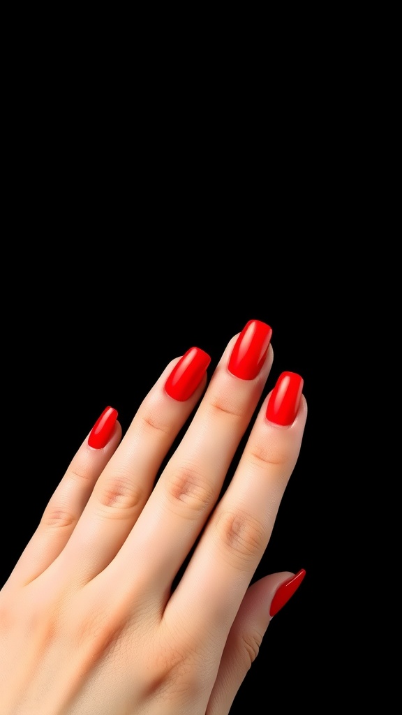 Close-up of bold red nails against a black background.