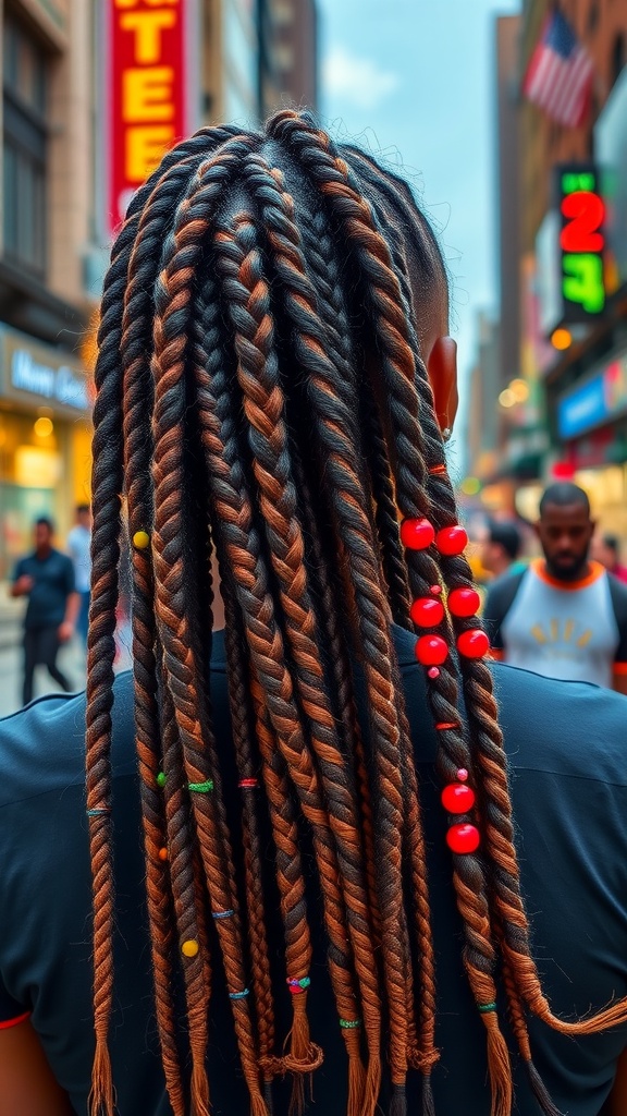 A close-up of long box braids adorned with colorful beads, showcasing a stylish and vibrant hairstyle.