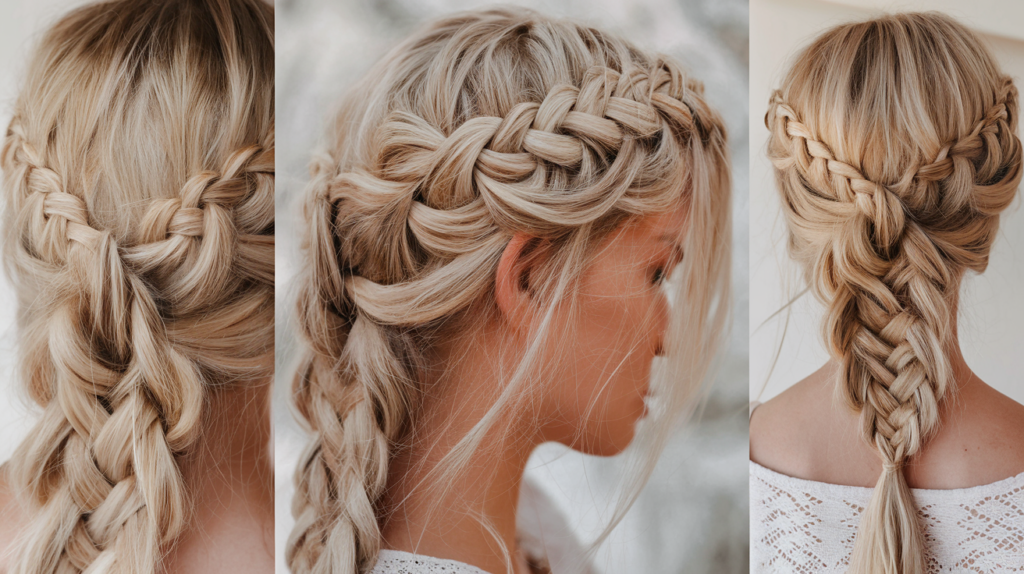 The braids are intertwined and wrapped around her head in a circular pattern. The overall image has a bohemian-chic aesthetic.