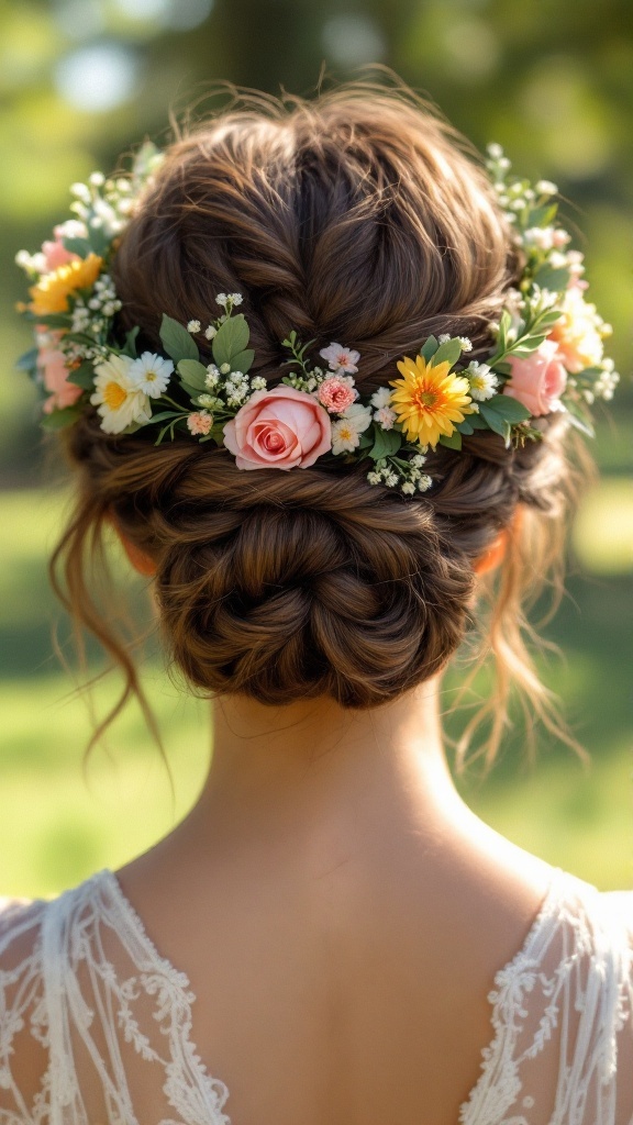 A woman with a braided crown bun hairstyle adorned with flowers.