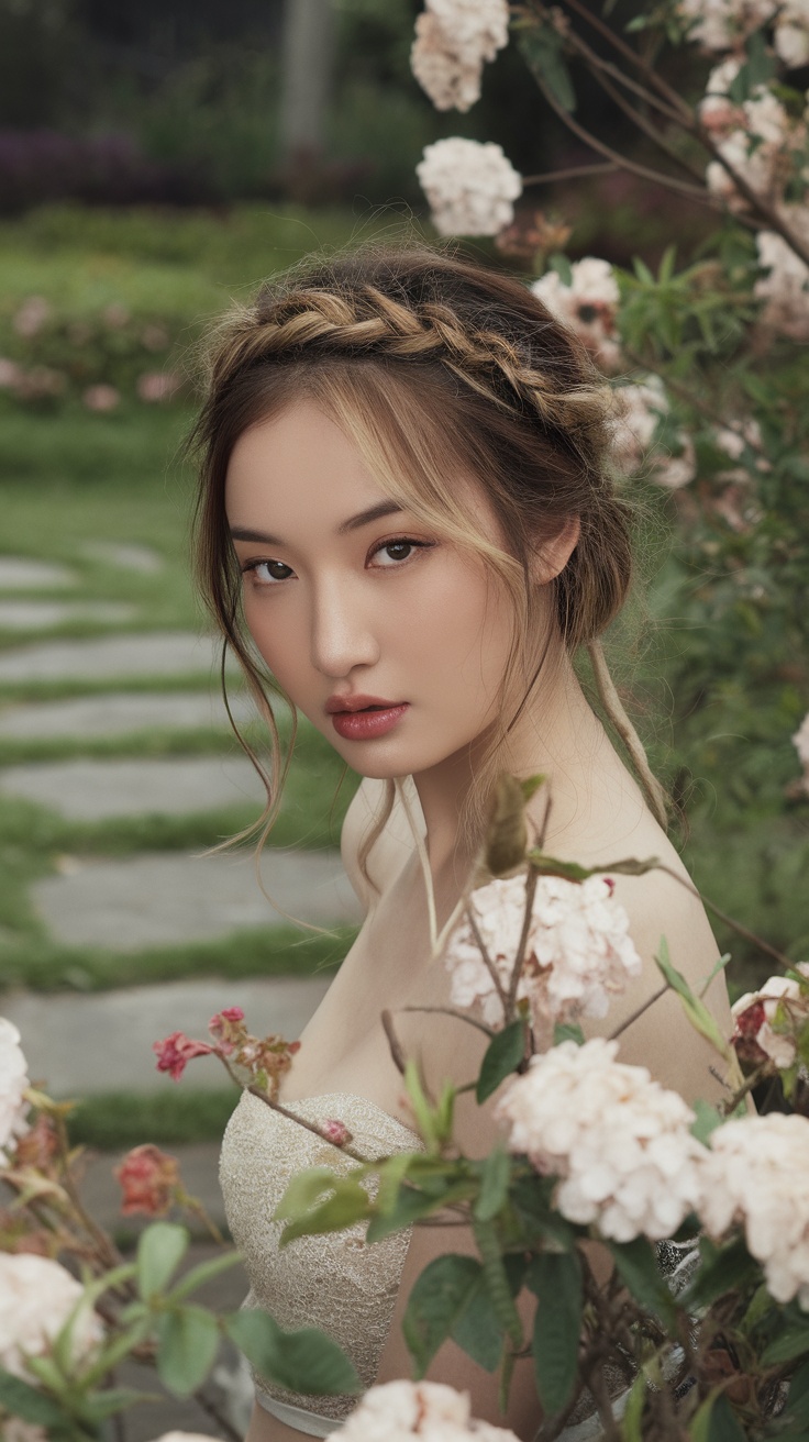 A woman with a braided crown hairstyle and loose tendrils, surrounded by flowers in a garden.