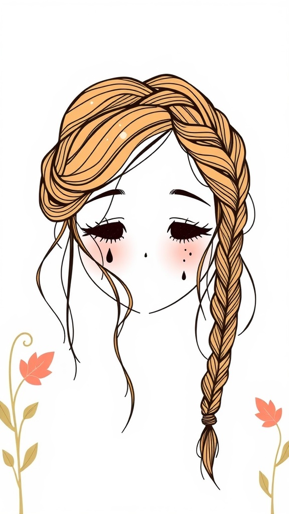 Drawing of a girl with a braided crown hairstyle and loose tendrils, featuring floral elements.