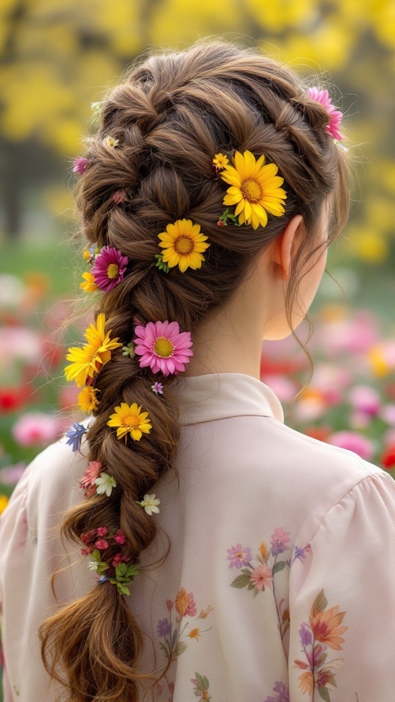 Braided ponytail adorned with colorful flowers in a vibrant garden