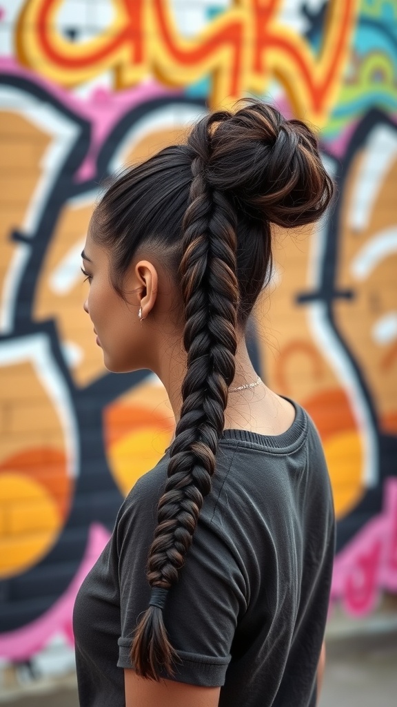 A woman showing off a stylish braided ponytail with volume, set against a colorful graffiti background.