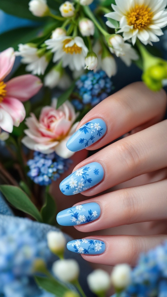 Light blue nails with floral designs surrounded by spring flowers