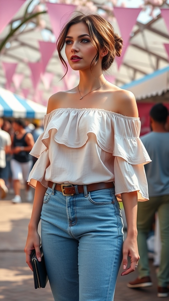 A woman wearing a breezy off-the-shoulder top and high-waisted jeans in a lively outdoor setting.