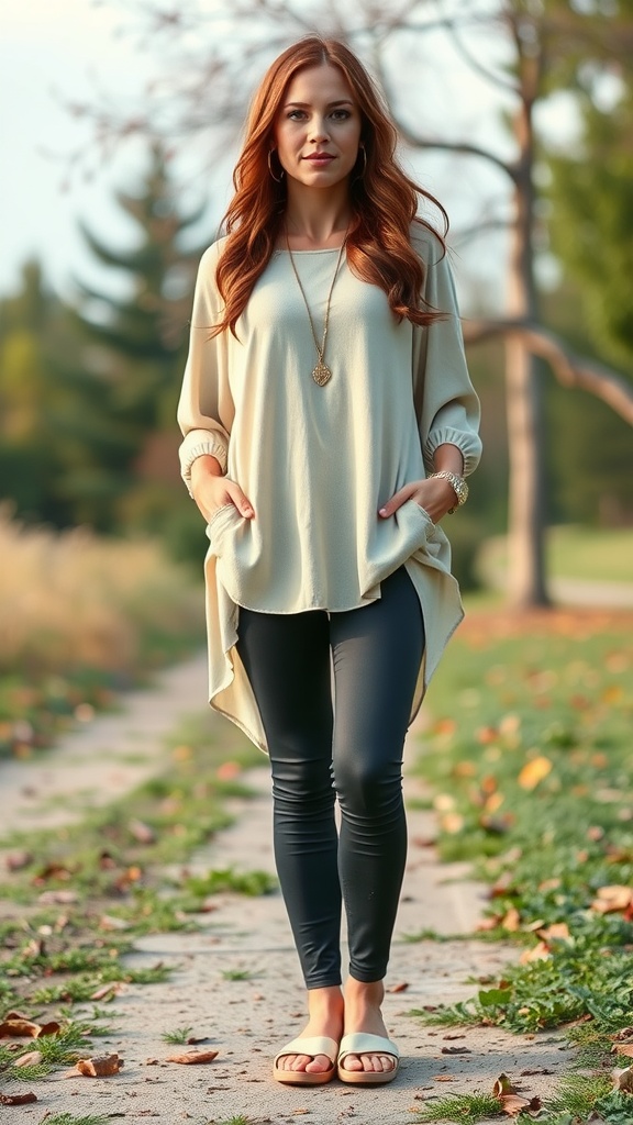 A woman wearing a breezy tunic and leggings, showcasing a casual women's outfit idea for spring.