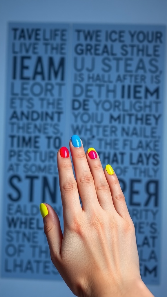 A hand with bright neon color block nails in pink, blue, and yellow.