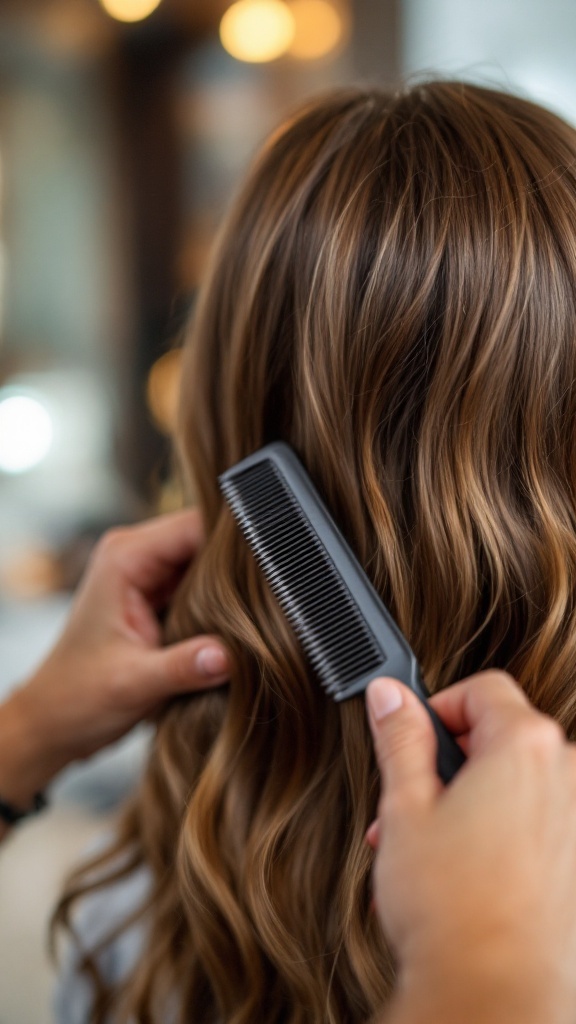 A close-up of a person brushing long, wavy hair with a comb.