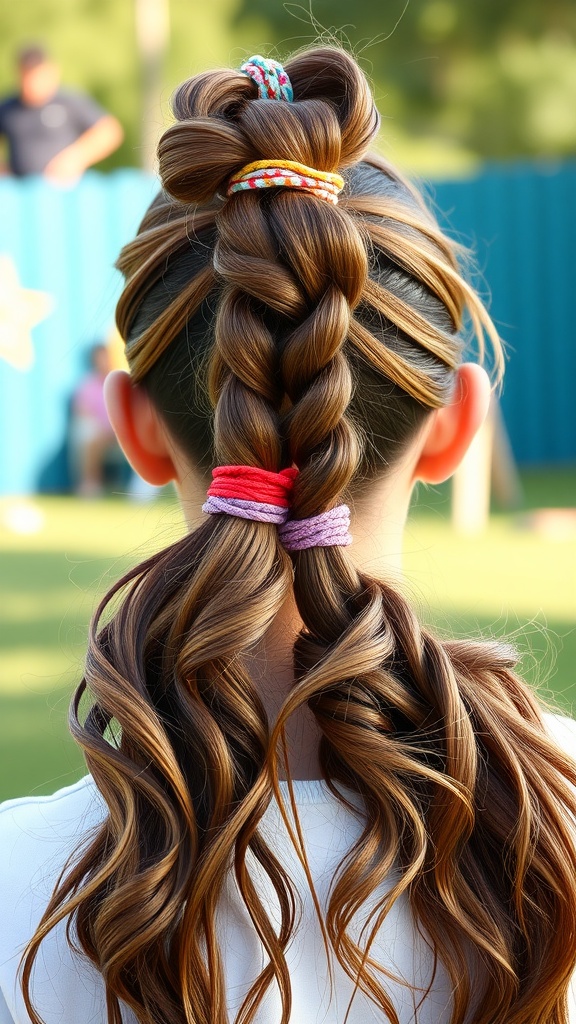 A bubble ponytail hairstyle with colorful scrunchies