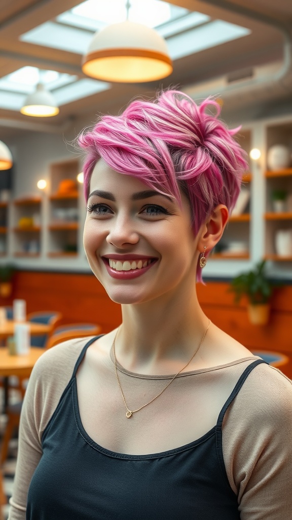 Woman with bubblegum pink pixie cut smiling in a cozy setting