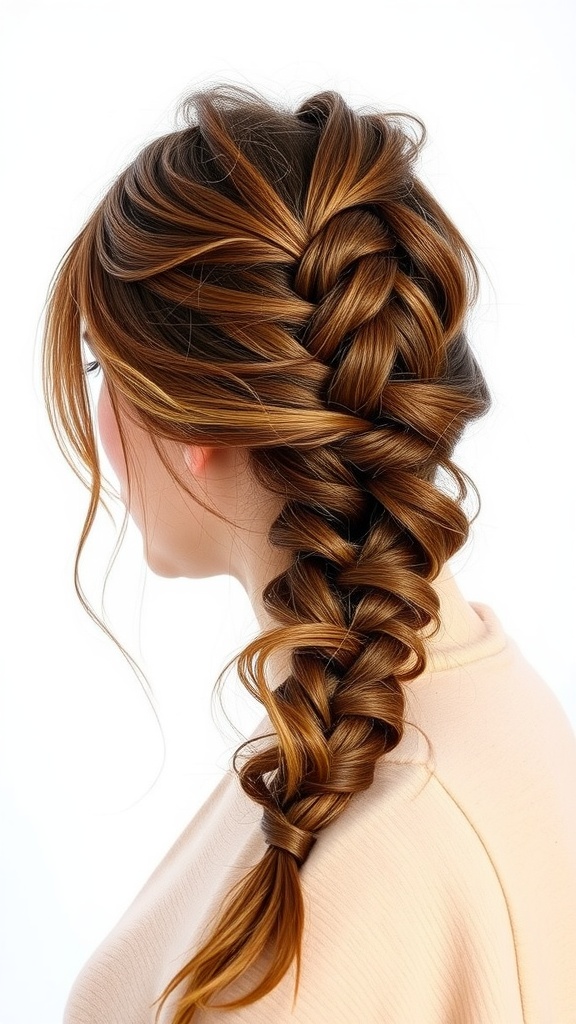 A side view of a casual messy fishtail braid hairstyle.