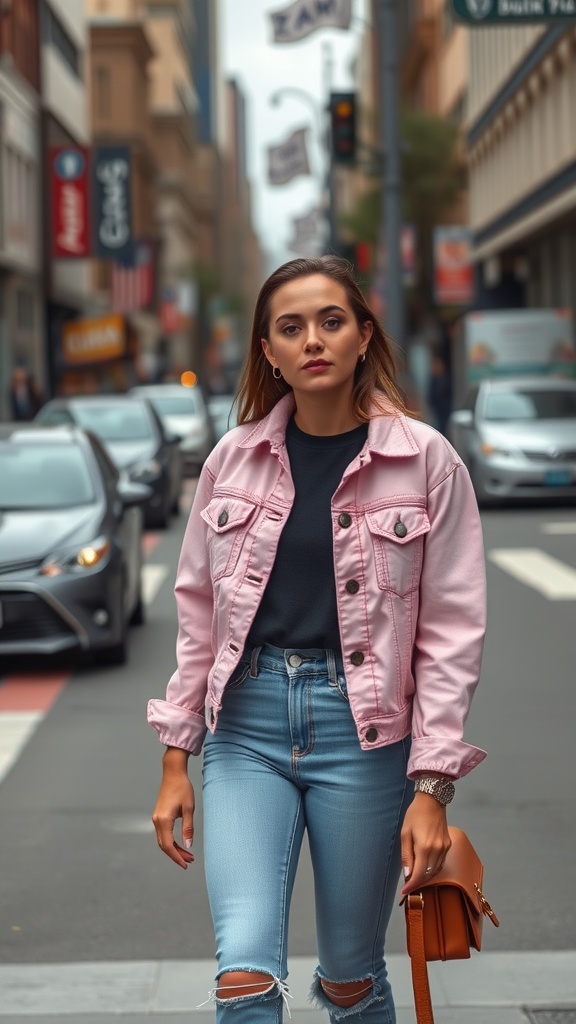 A woman wearing a pink denim jacket with a black top and light blue jeans, walking in an urban setting.