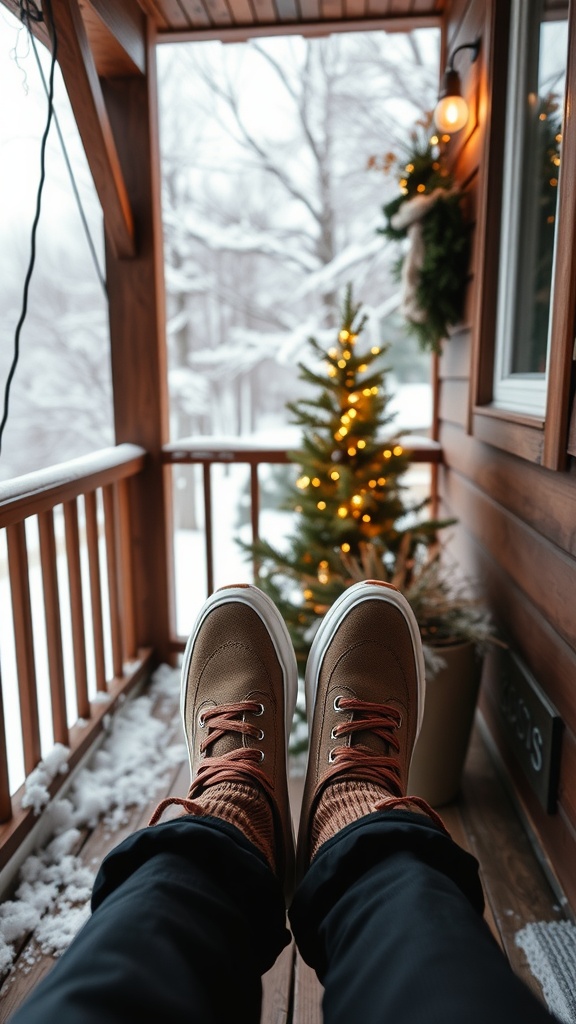 Close-up of brown casual slip-on winter sneakers on a snow-covered porch.