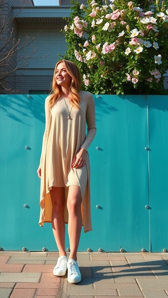 A woman wearing a beige slip dress and white sneakers, standing in front of a green wall with flowers.