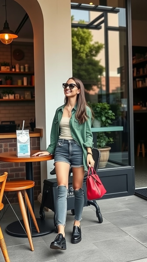 A woman in a casual outfit with a green jacket, ripped jeans, and a red bag.