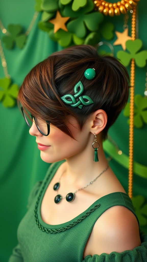 Illustration of a woman with short hair styled with shamrocks and a Celtic knot for St. Patrick's Day.