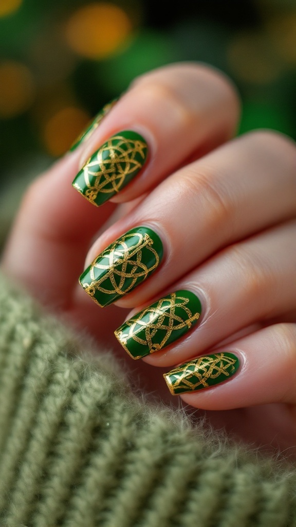 Celtic Knot Nail Design with green base and golden patterns for St. Patrick's Day