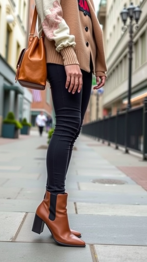 A woman wearing chic black ankle boots with a light brown coat and a blue skirt, walking on a city street.