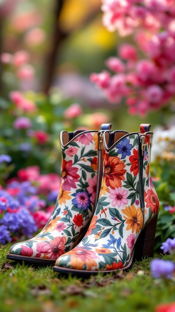 Colorful floral print ankle boots on a grassy surface surrounded by blooming flowers.