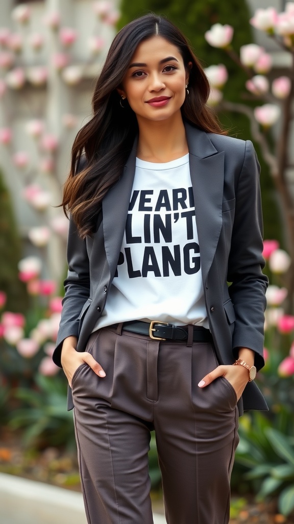 A person wearing a stylish blazer over a graphic tee, set against a backdrop of blooming flowers.