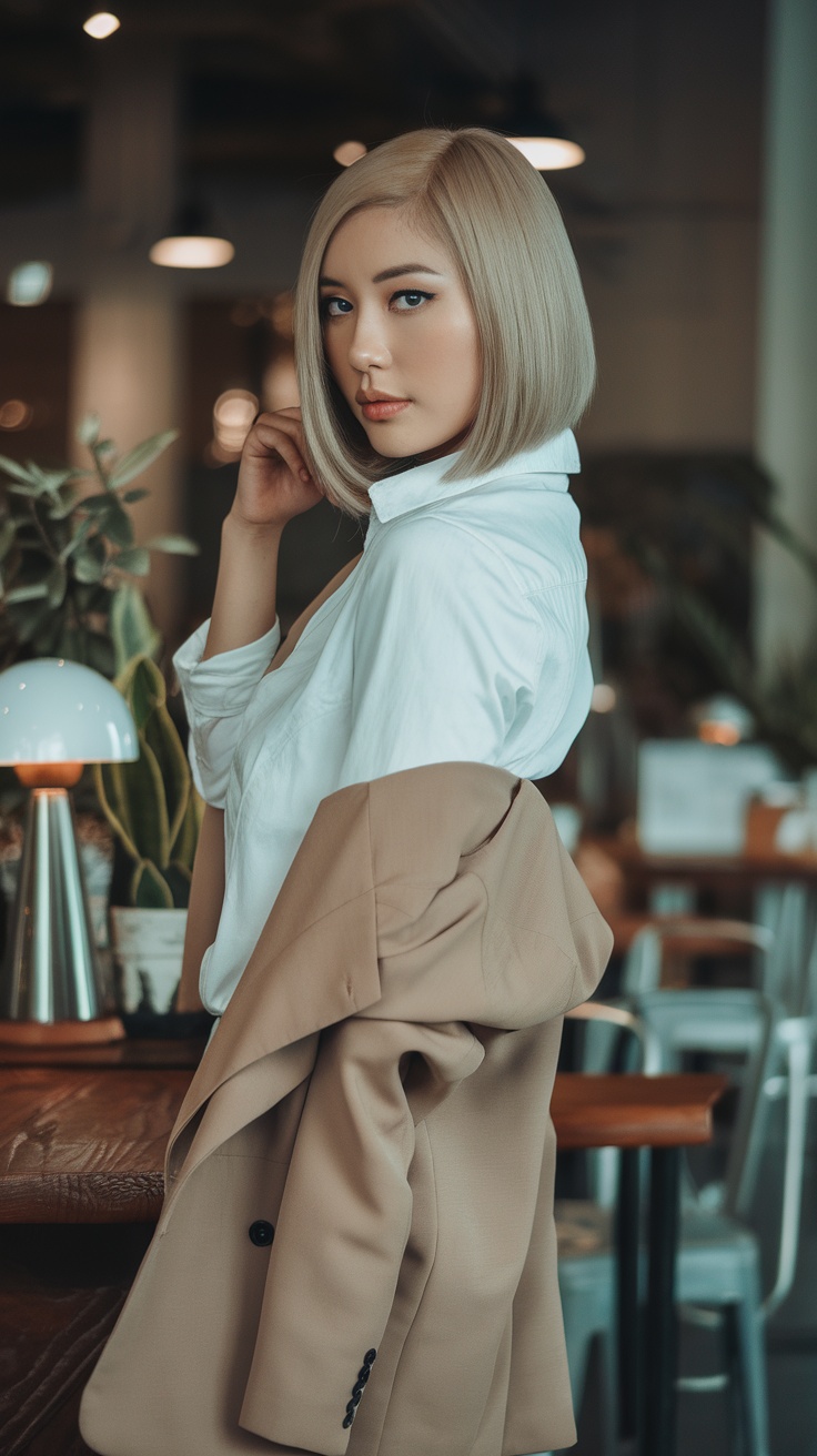 A woman with a chic bob cut and side part, wearing a white shirt and beige blazer, showcasing a sleek hairstyle and modern fashion.