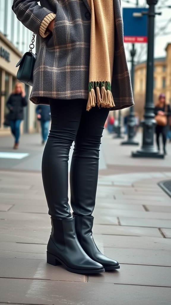 A woman wearing black Chelsea boots, fitted black pants, and a plaid coat, standing on a city sidewalk.