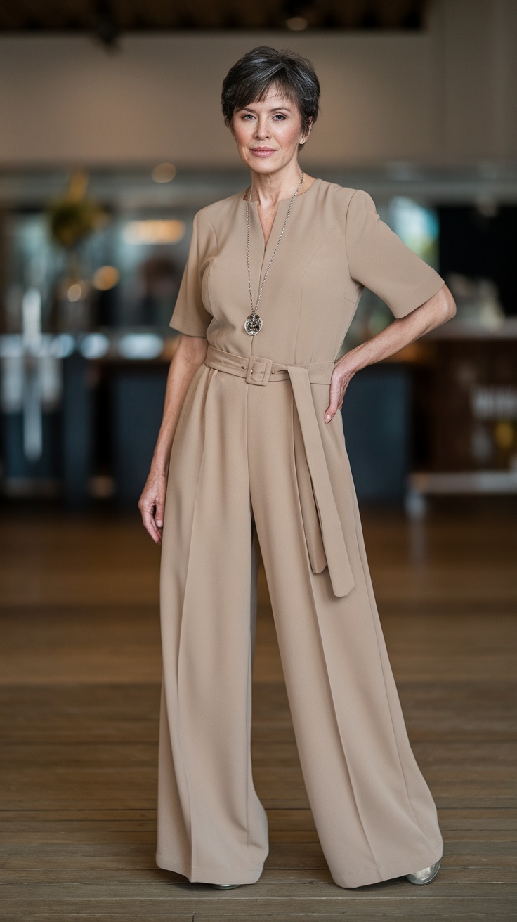 A woman over 50 wearing a stylish beige jumpsuit with a belt and a pendant necklace, standing confidently.