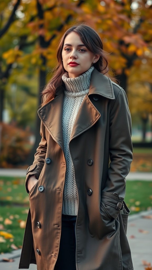 A woman wearing a chunky knit sweater and a trench coat, standing in a park with autumn leaves.