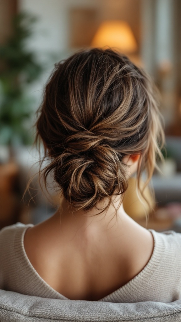 A woman with a low messy bun hairstyle, showcasing a relaxed and chic look.