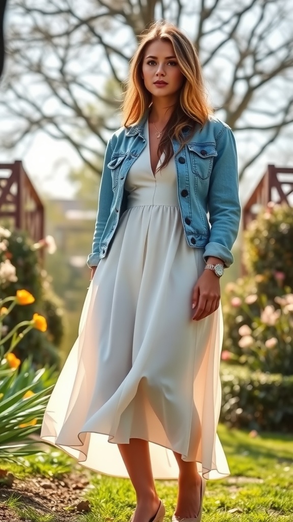 A woman wearing a light-colored midi dress and a denim jacket, standing in a garden setting.