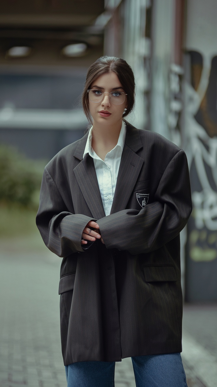 A stylish woman wearing an oversized blazer over a white shirt, with glasses and fitted jeans.