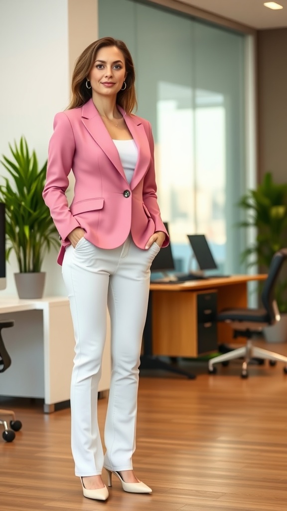 A woman wearing a pink blazer and white pants, standing in an office setting.