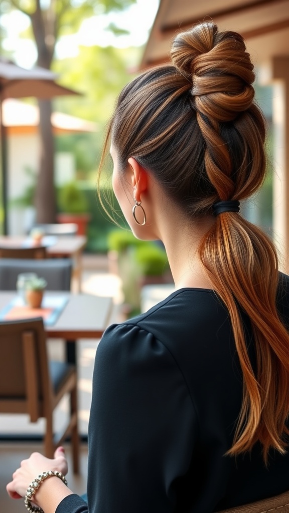 A stylish ponytail with braids and a distinct parting, showcasing a casual yet elegant look.