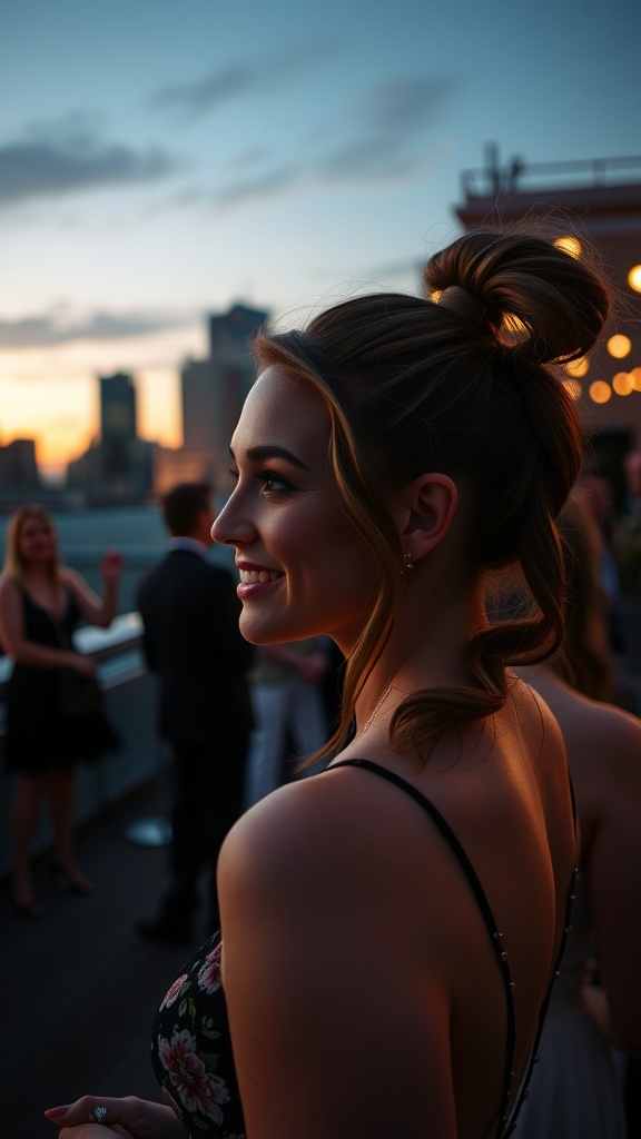 A woman with a chic side ponytail enjoying a sunset view at an event.