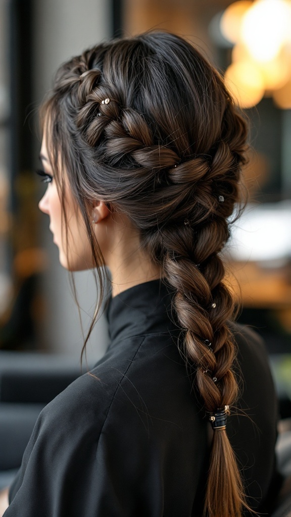 A close-up of a chic sleek braid adorned with metallic accents, showcasing the beauty of long hair.