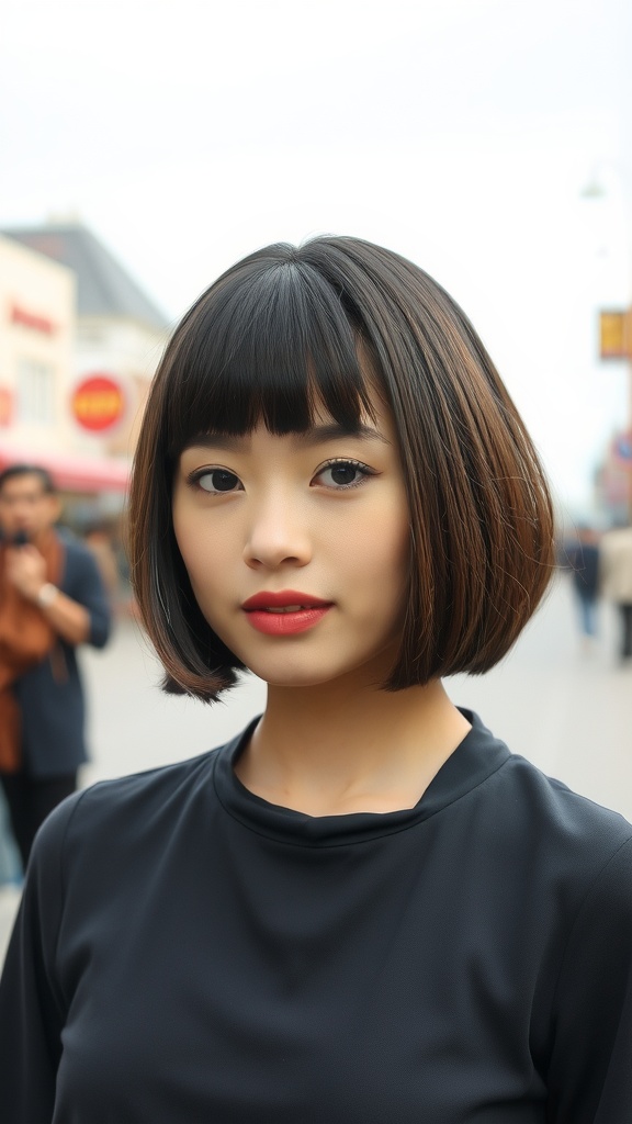 A woman with a chin-length blunt bob hairstyle, showcasing smooth hair and bangs.