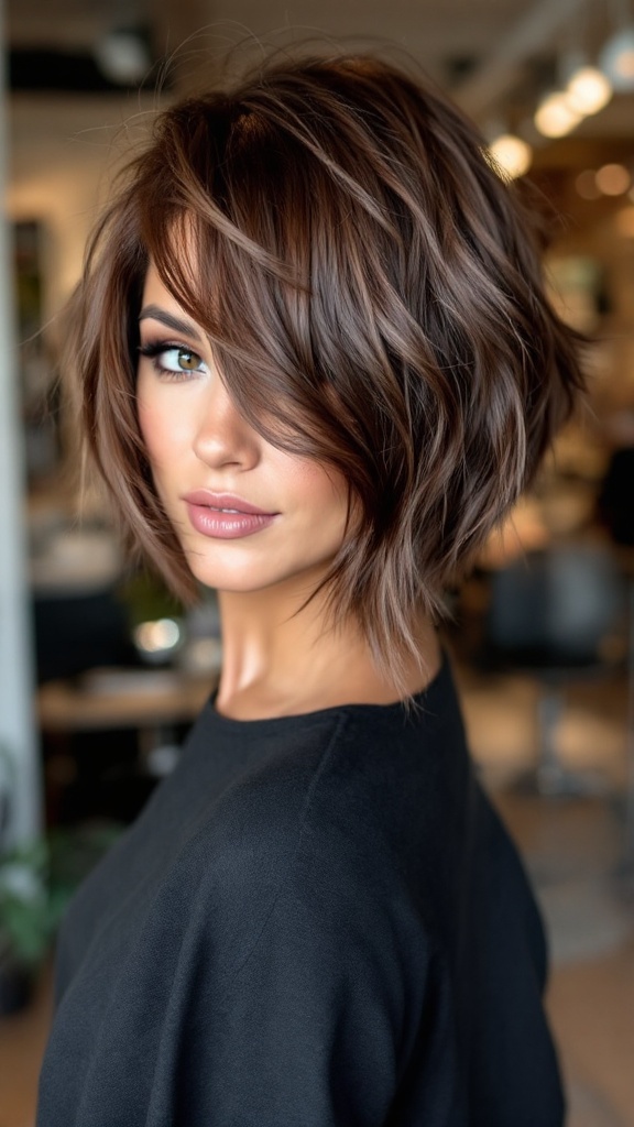 A close-up portrait of a young person with short hair styled in a Choco-Mocha blend.