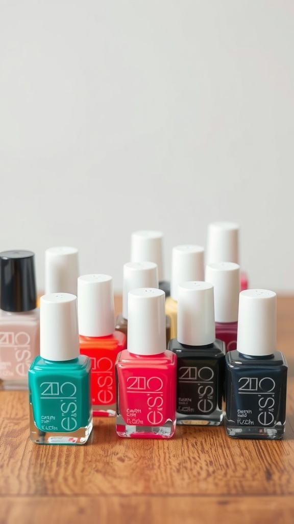 Assorted non-toxic nail polish bottles in various colors on a wooden surface.