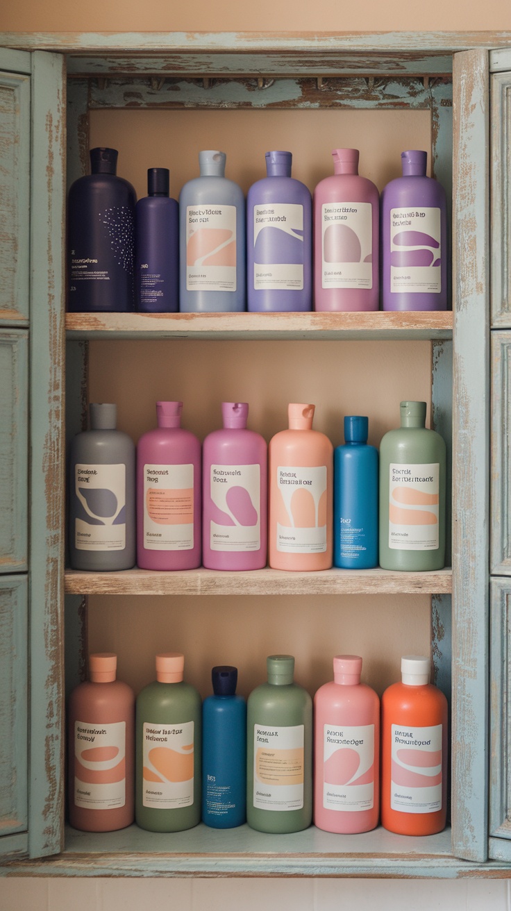 A variety of shampoo bottles neatly arranged on shelves, showing different colors and labels for various hair types.