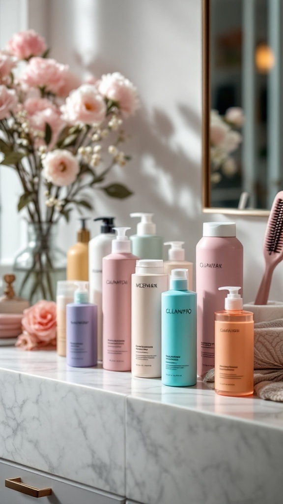 A selection of shampoo and conditioner bottles arranged on a bathroom counter with flowers in the background.