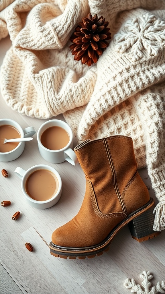 A pair of brown chunky ankle boots on a cozy blanket, surrounded by mugs of tea and decorative elements.